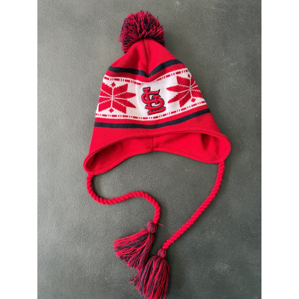 New Era St Louis Cardinals MLB Red Knit Trapper Beanie Hat Snowflake Pom Tassels